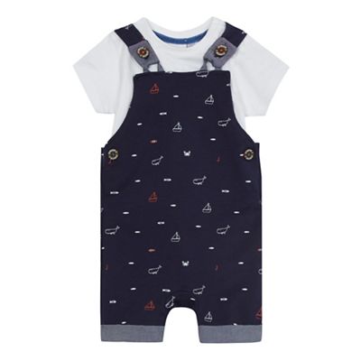Baby boys' navy boat print dungarees and white t-shirt